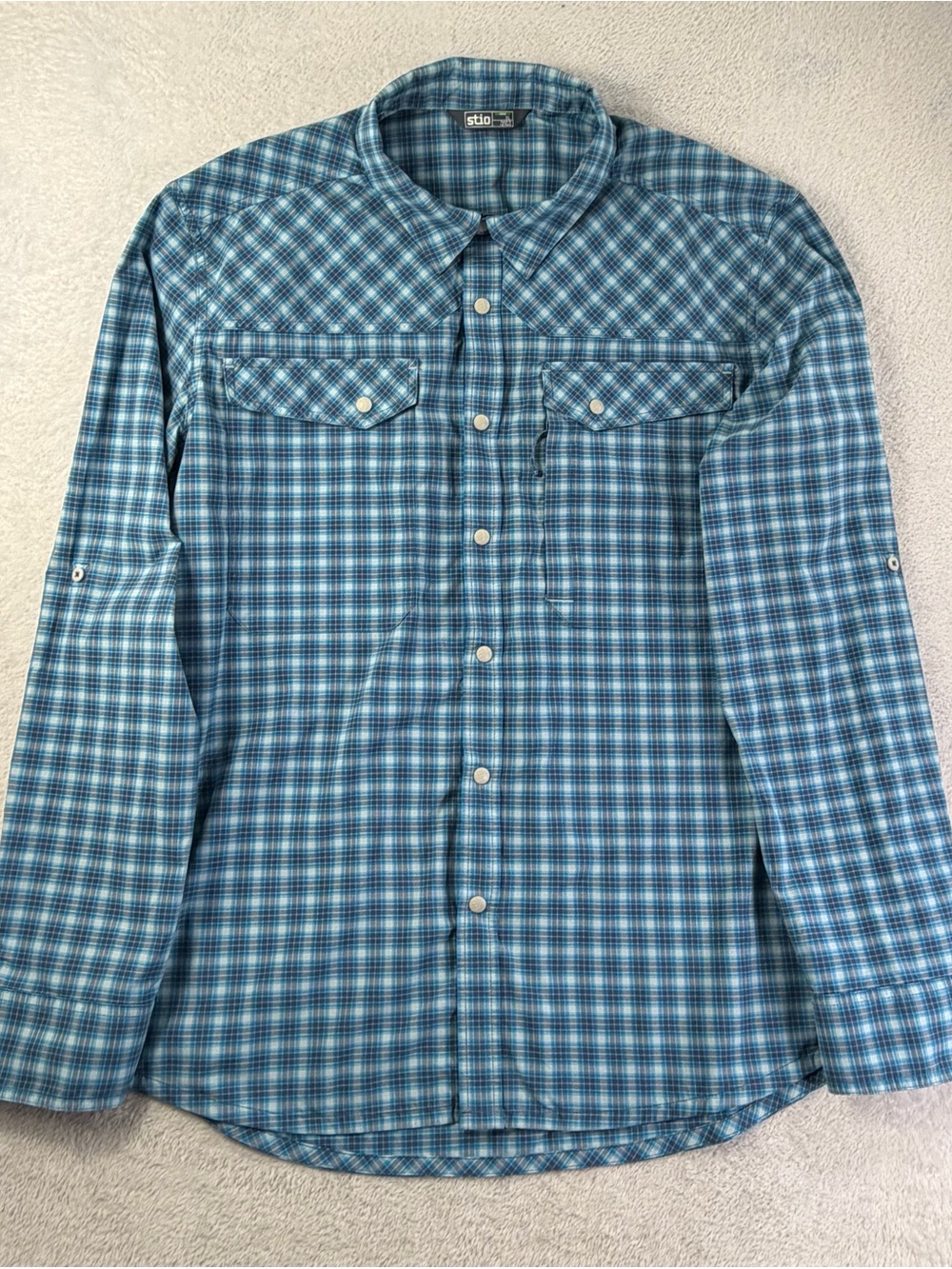 Stio Eddy Shirt LS Men’s XL Blue Plaid UPF 50 Stretch Fishing Western Outdoor